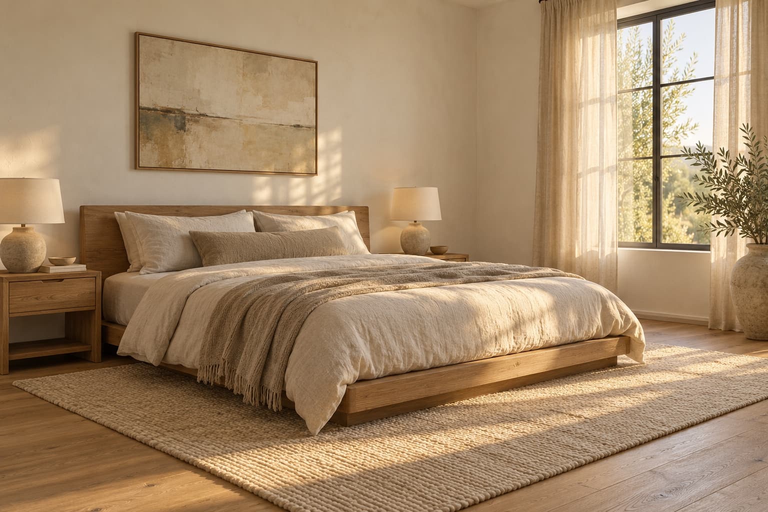 Primary bedroom, warm minimal