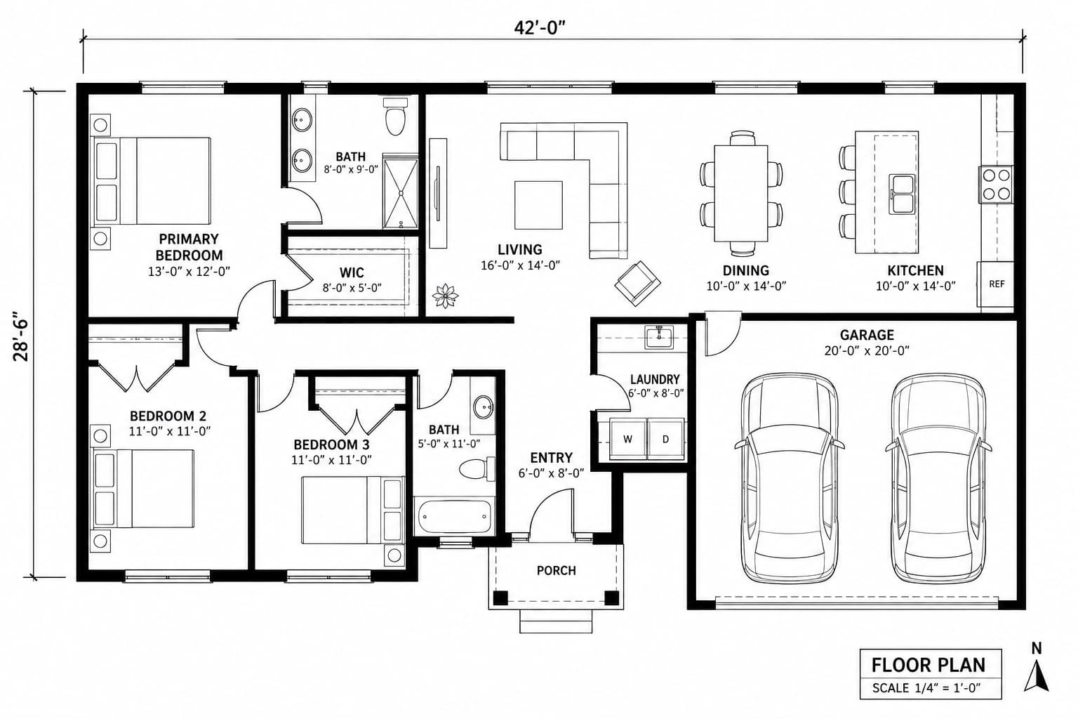 Dimensioned 2D plan for a builder